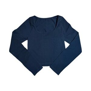 OQQ Women’s Athletic Black Ribbed Square-Neck Long Sleeve Top